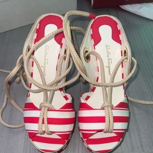 SALVATORE FERRAGAMO Red & white Leather wedge platform new never worn